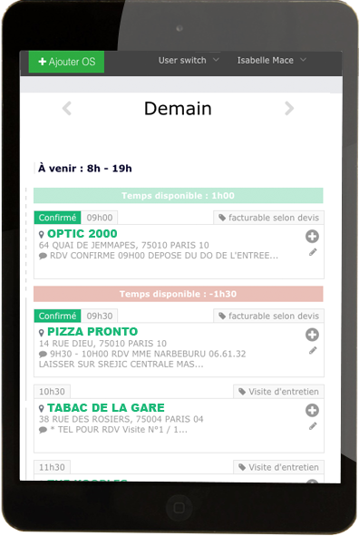 Field service management : agenda rappel missions