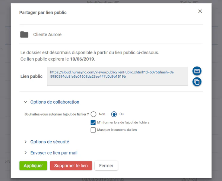 Numsync, partage par lien public option de collaboration