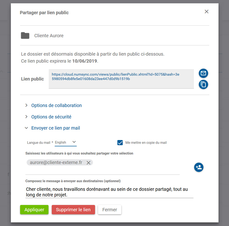 Numsync, partage par lien public ajout d'un message
