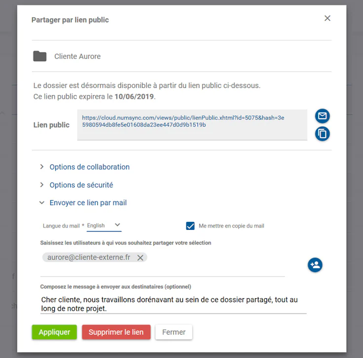 Numsync, partage par lien public ajout d'un message
