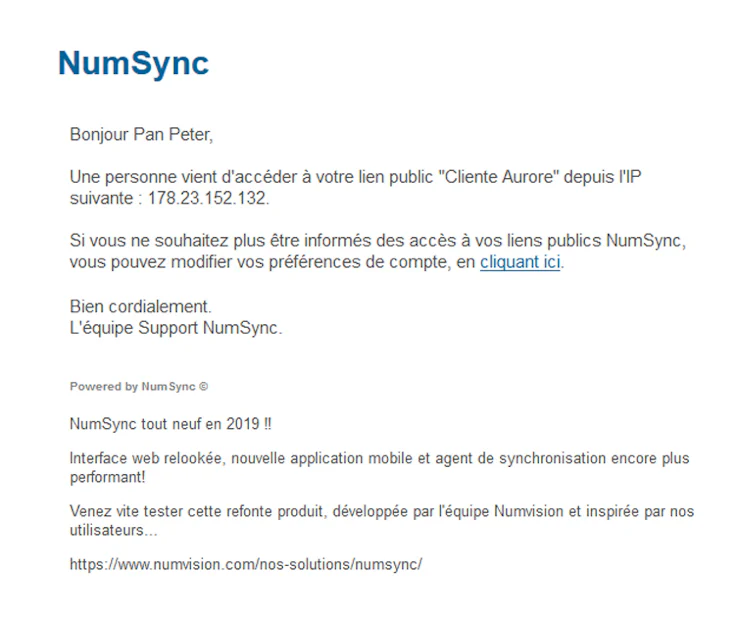 Numsync, alerte email