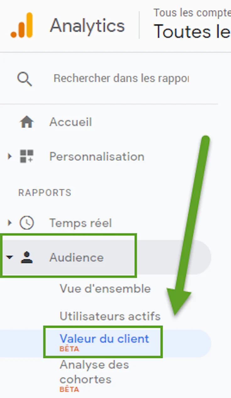 Google Analytics, rapport sur la valeur du client