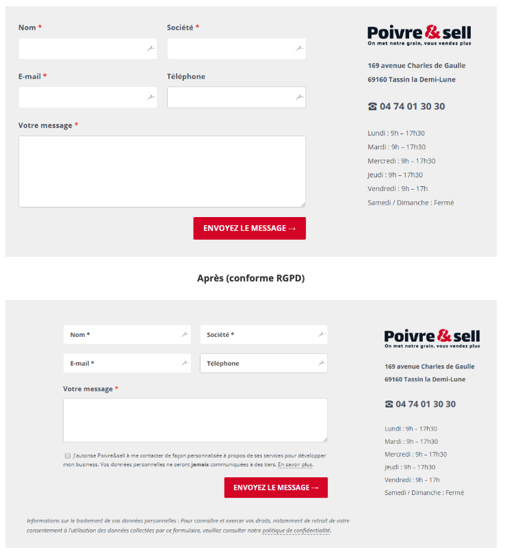 rgpd site internet : formulaire de contact avant après RGPD