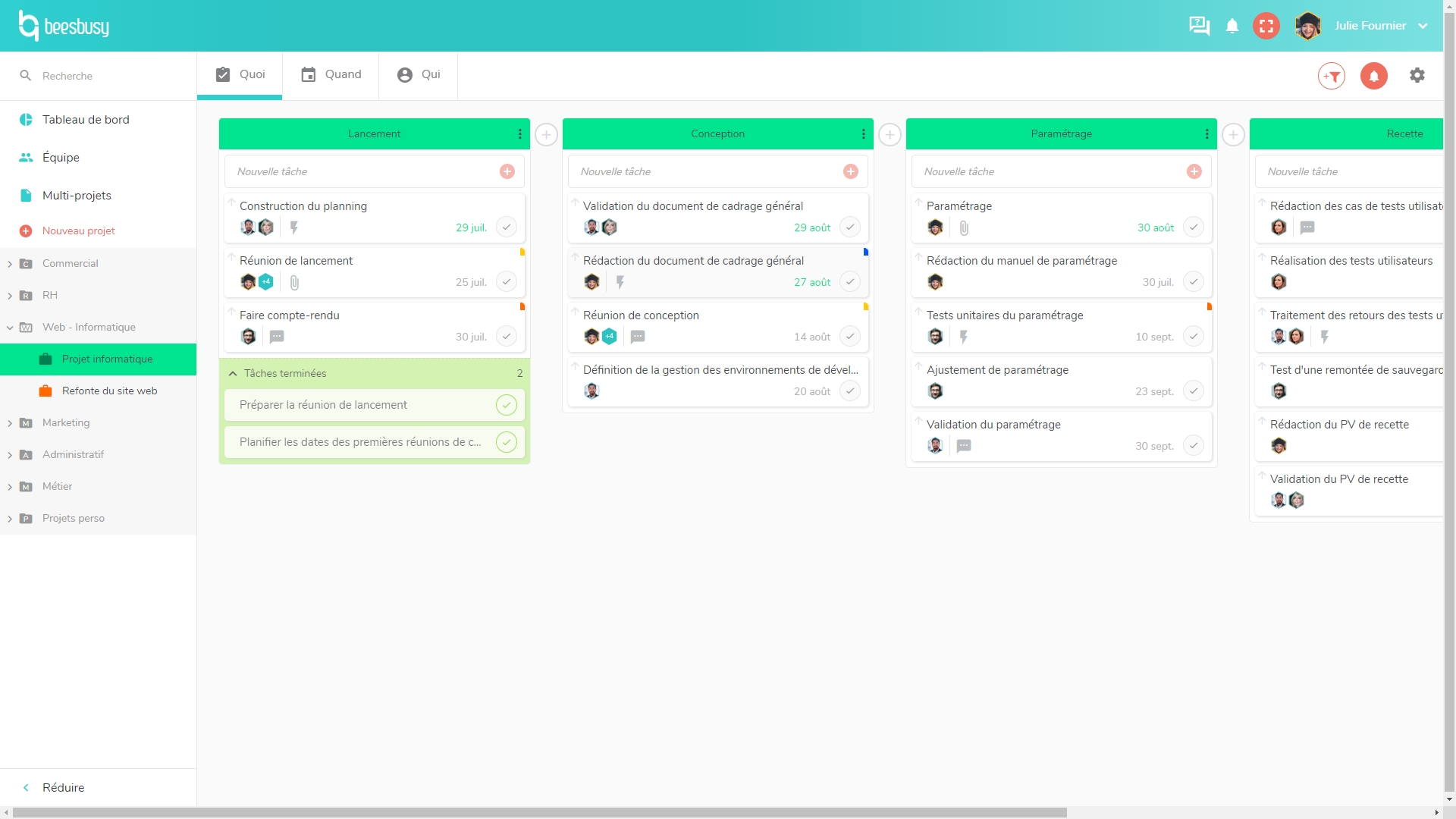 Exemple de vue Kanban du logiciel Beesbusy
