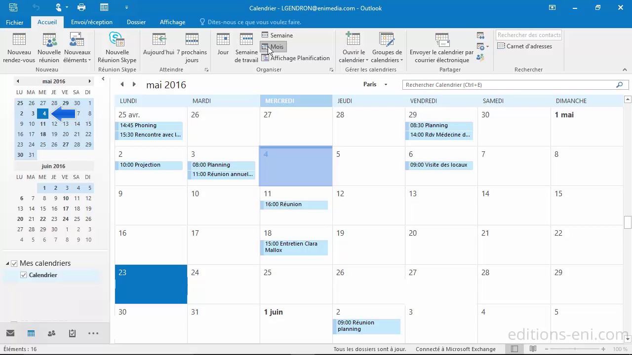 calendrier partagé : visuel outlook