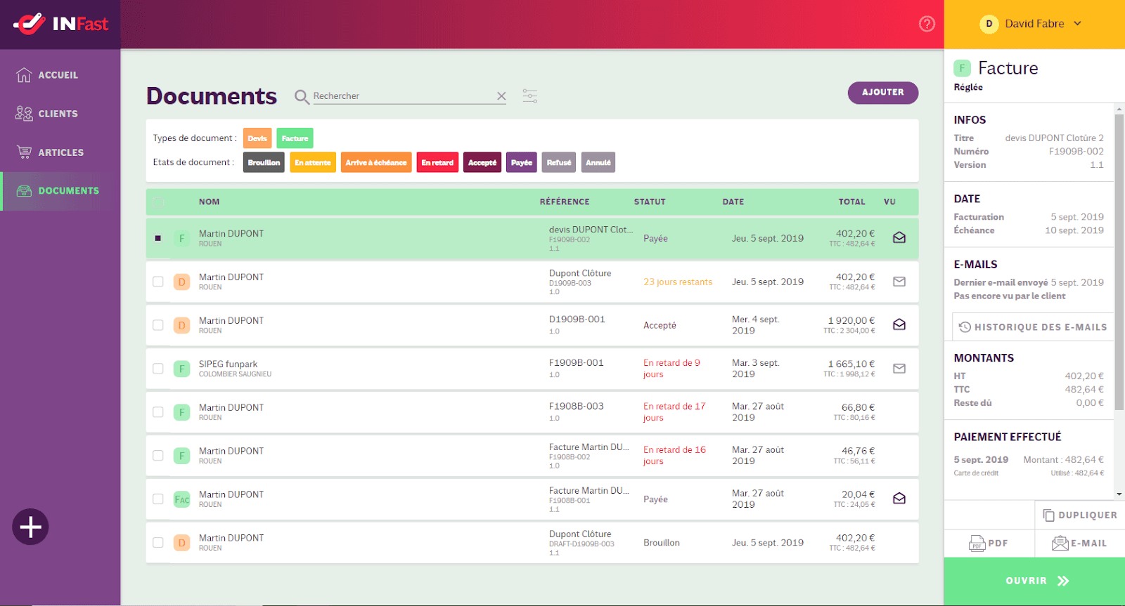 Tutoriel INFast : statut des paiements