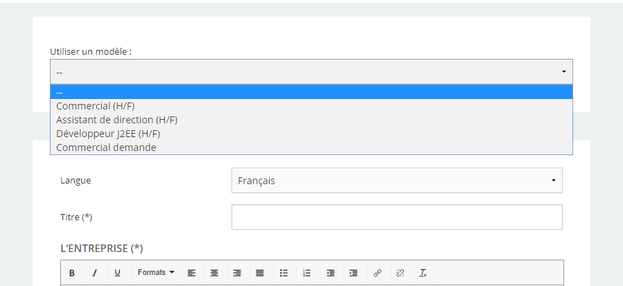 tutoriel Beetween : Vue de la sélection d’un modèle d’annonce lors de la rédaction d’une offre d’emploi