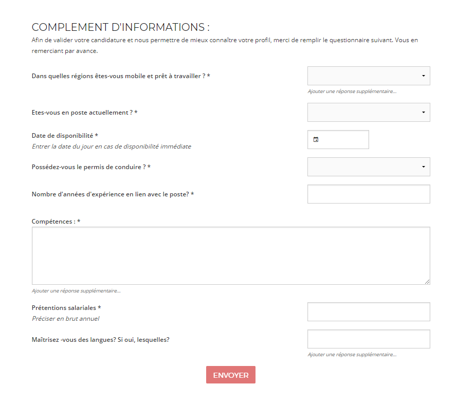 Tutoriel Beetween : Vue du questionnaire reçu par le candidat. Les questions posées sont à la discrétion du recruteur