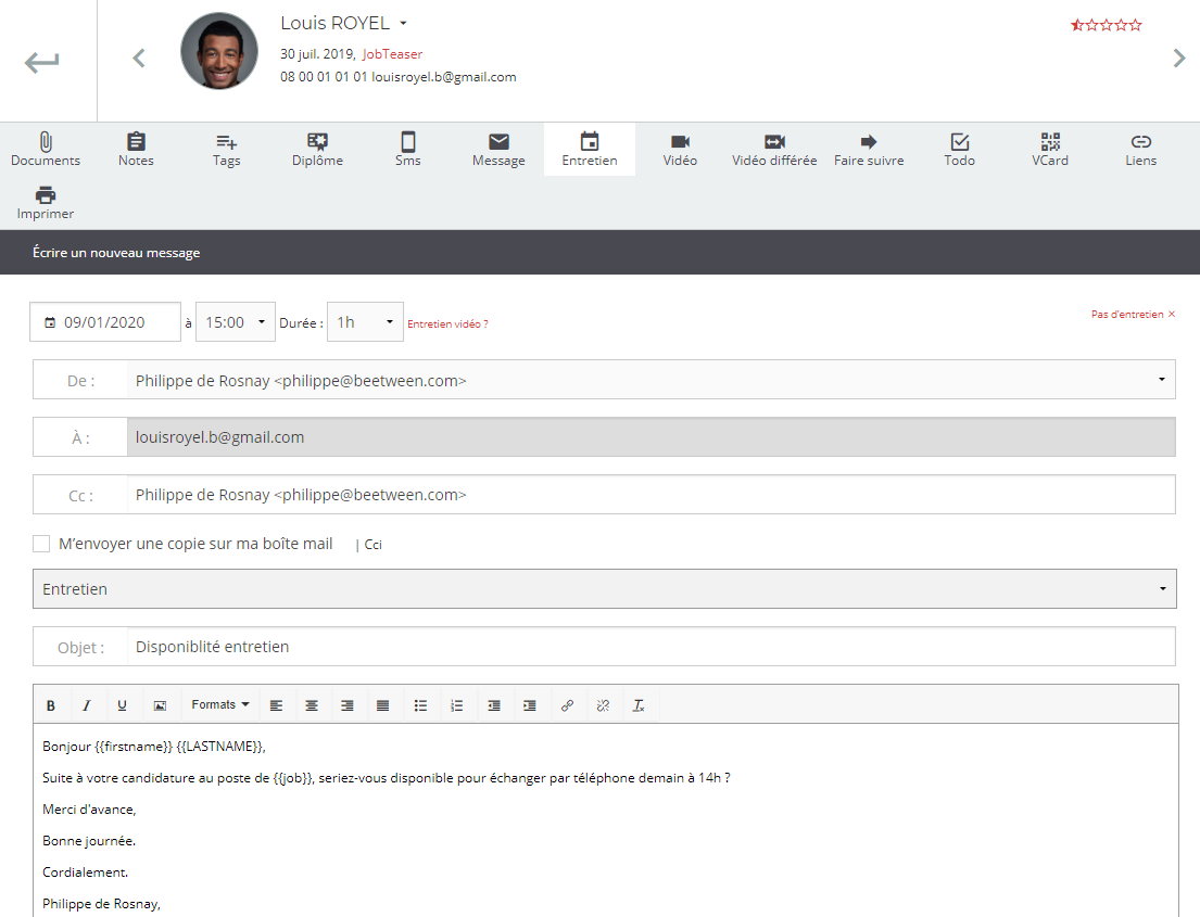 Tutoriel Beetween : Vue de l’envoi de la proposition d’entretien par email