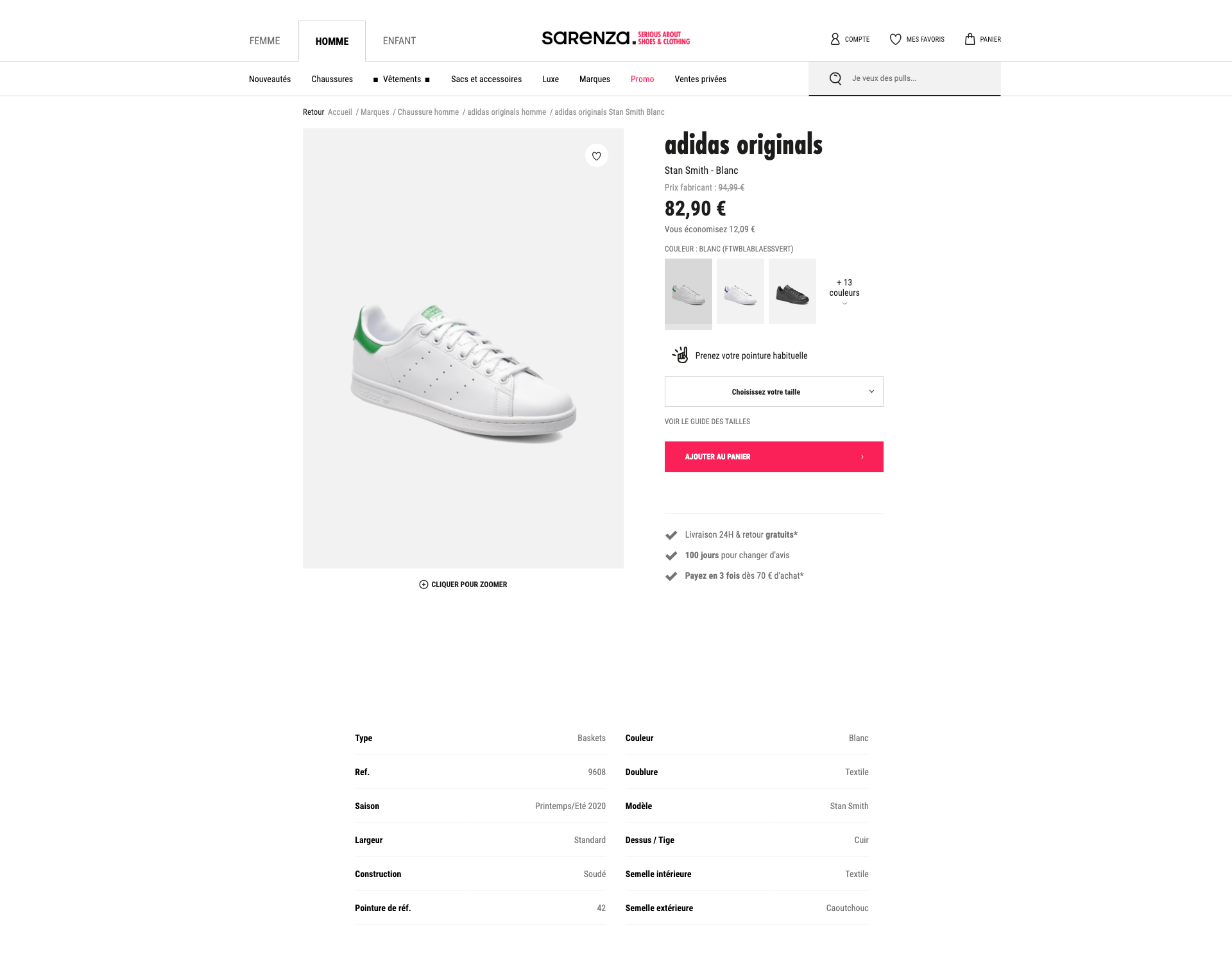 exemple fiche produit chaussure : Sarenza