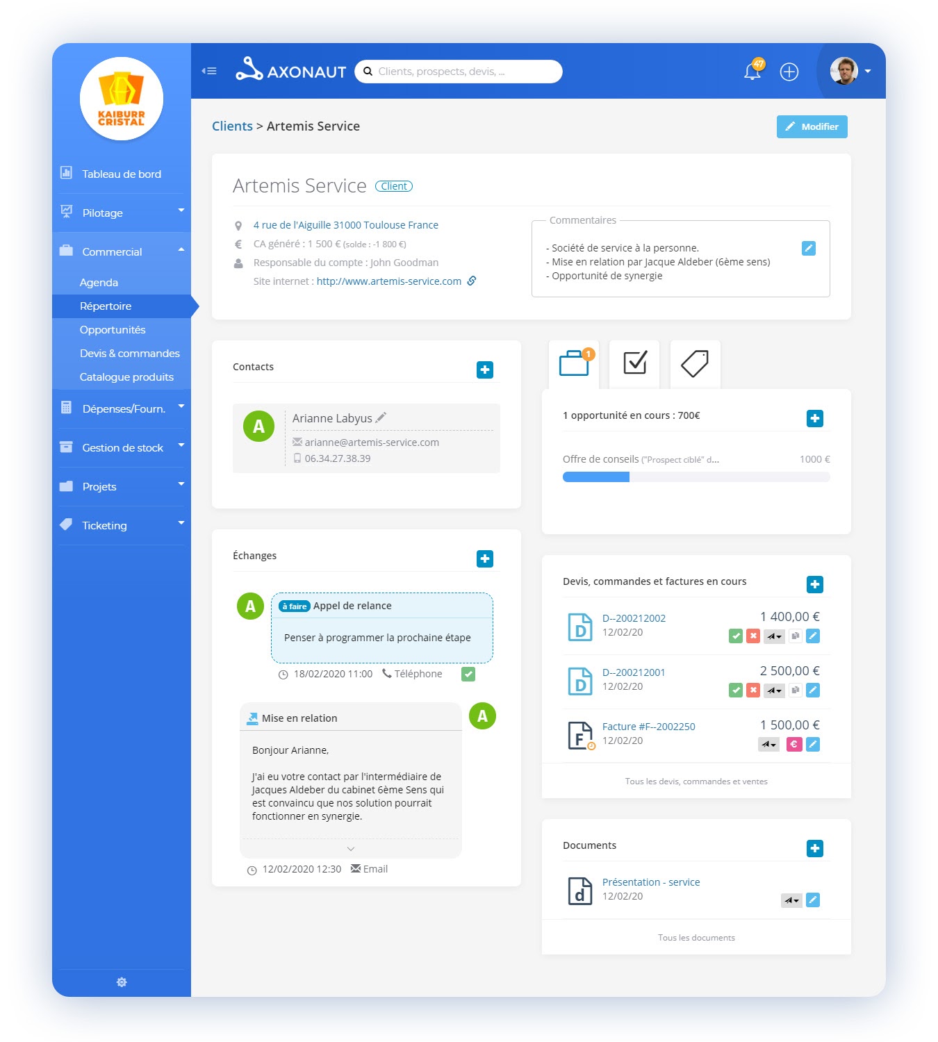 Aperçu d’une fiche client sur Axonaut