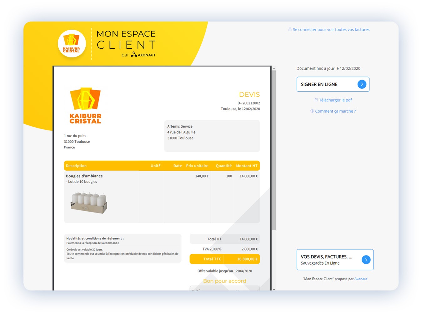 Aperçu du portail client Axonaut