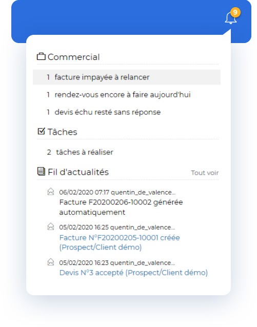 Aperçu des notifications sur Axonaut