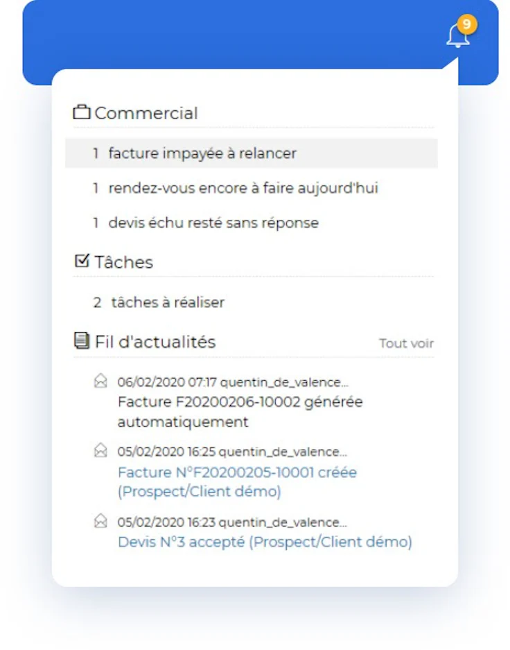 Aperçu des notifications sur Axonaut