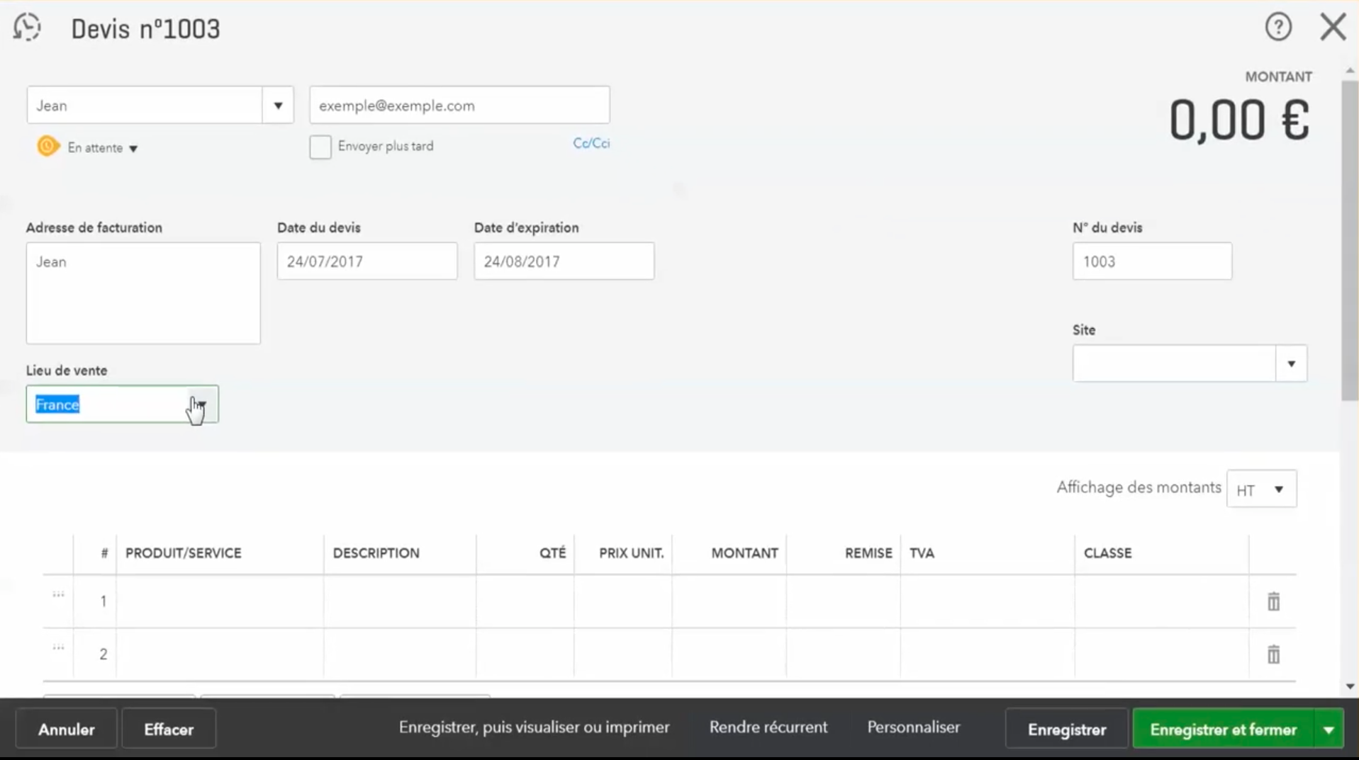 Faire un devis en ligne Quickbooks facturation