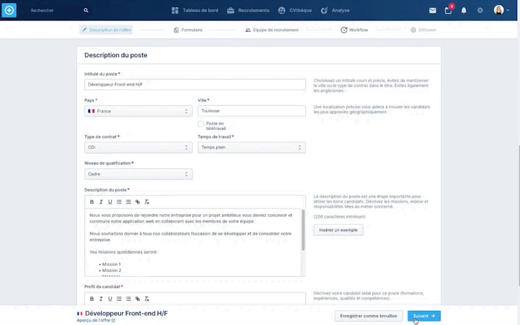 Création de l'offre d'emploi