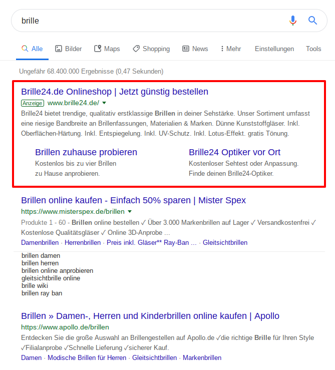 SEO und SEA an Beispiel einer SERP: Unterschiede und Definition