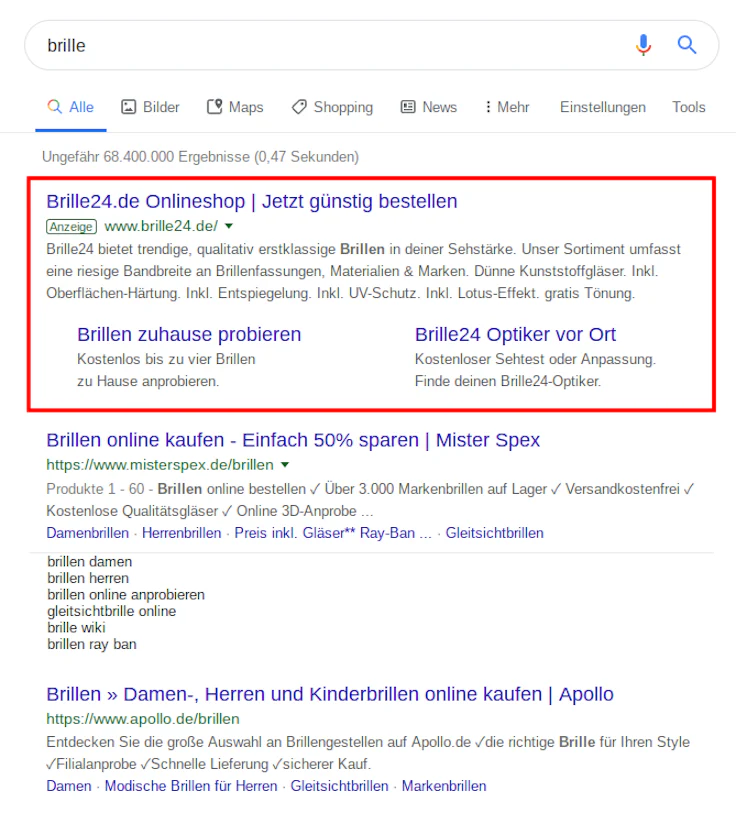 SEO und SEA an Beispiel einer SERP: Unterschiede und Definition