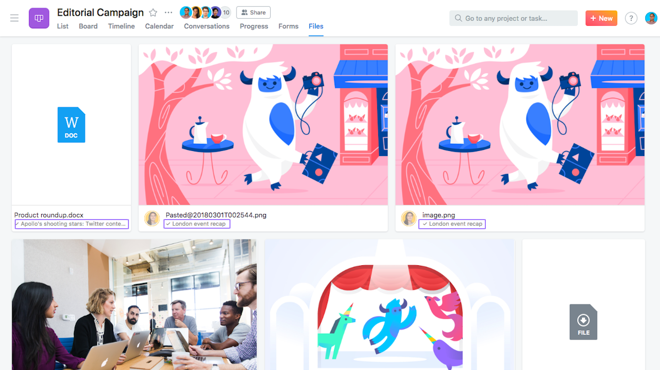 Dokumentenmanagement und Projektplanung: Dateienansicht mit Asana