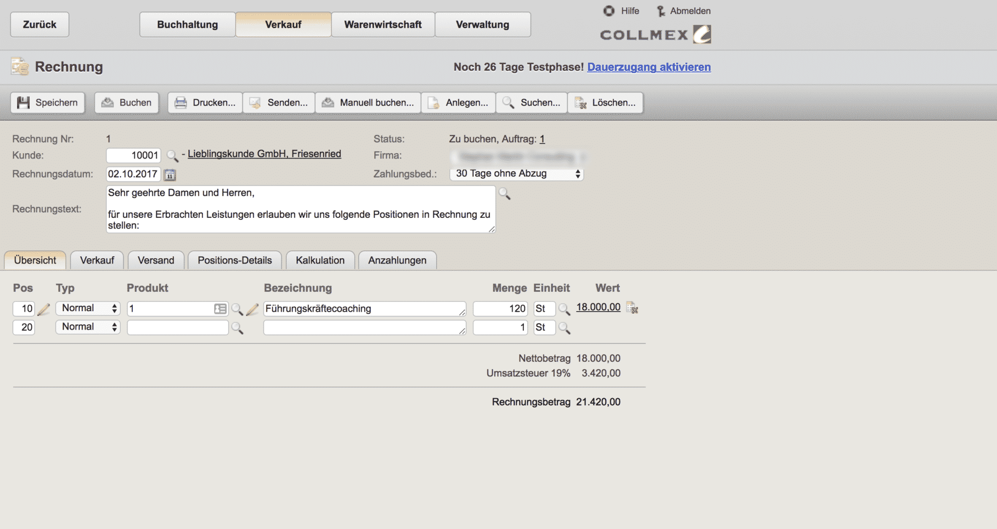 Collmex rechnung Screenshot