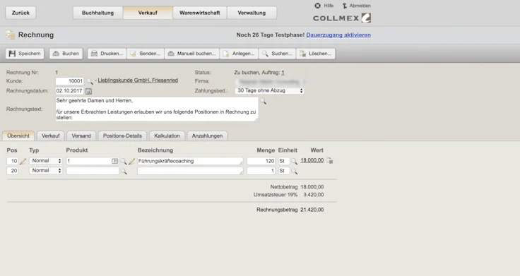 Collmex rechnung Screenshot
