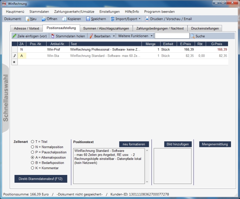 WinRechnung Screenshot Fakturierungssoftware handwerk