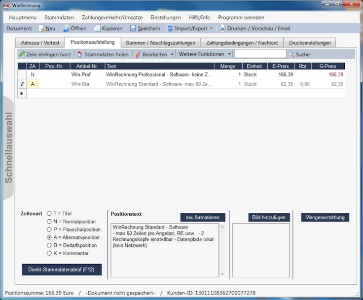 WinRechnung Screenshot Fakturierungssoftware handwerk