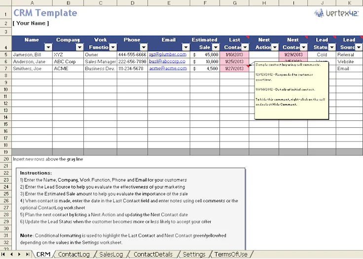 template gestione crm su Excel