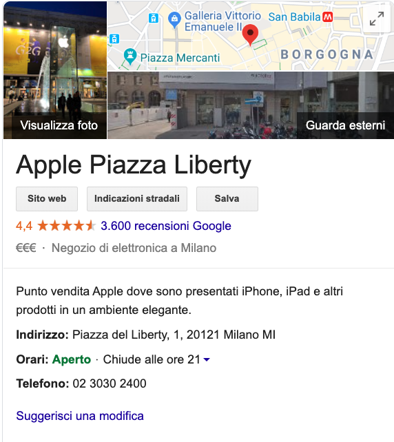 Scheda Google my business apple store