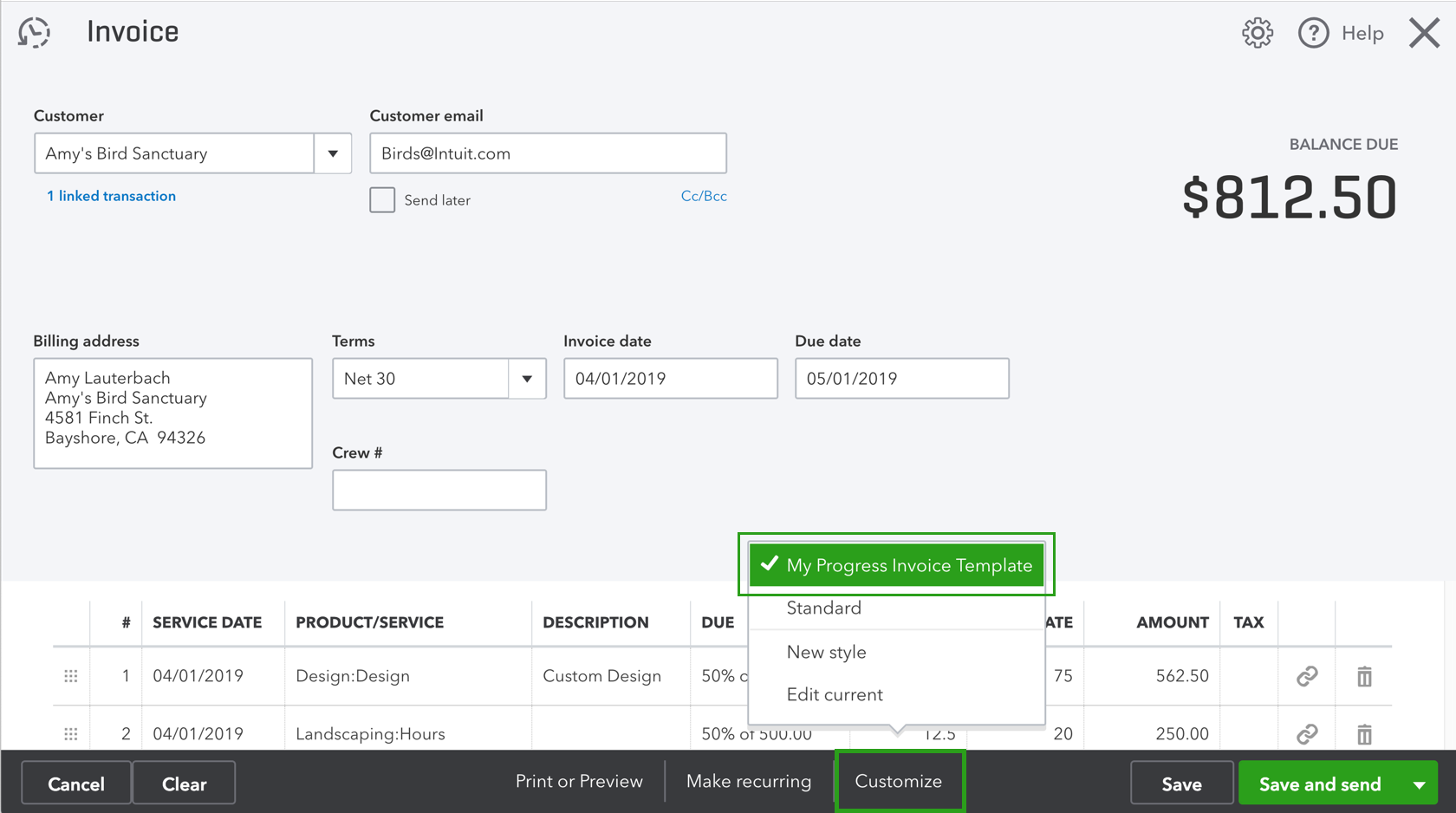 Online invoice template with Quickbooks