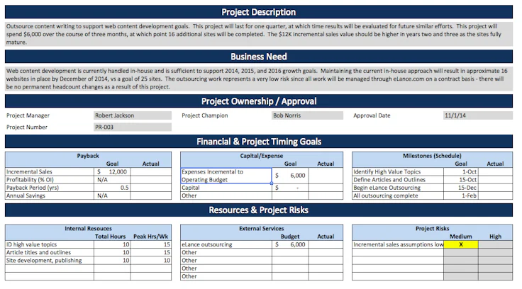 Template for project specification using Excel