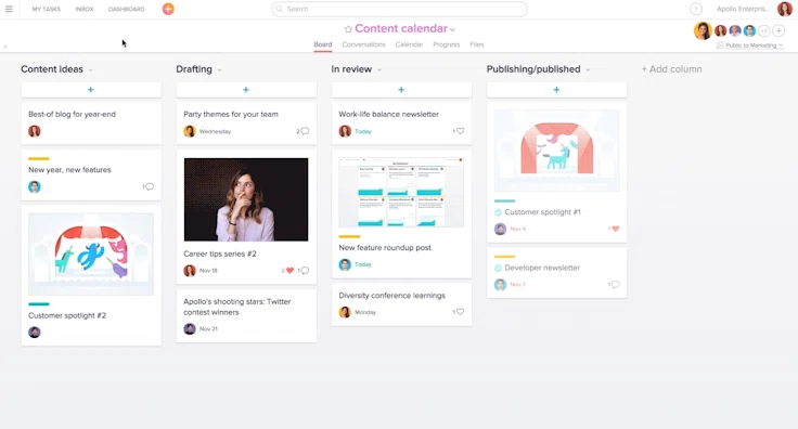Asana vs Trello visualização em modo quadro