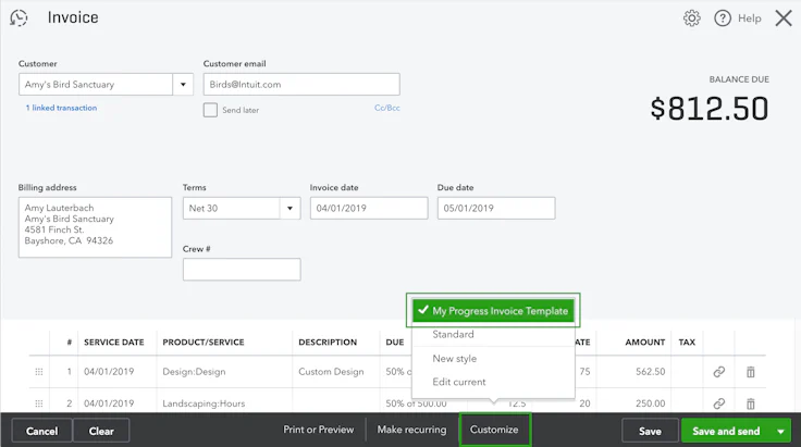 Online invoice template with Quickbooks