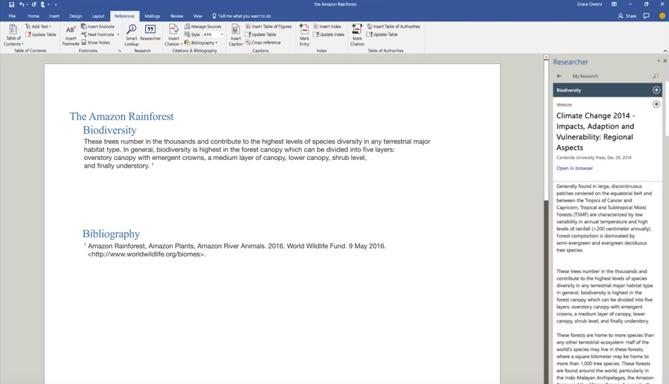 Insertion de contenus Web avec Researcher pour Office 365