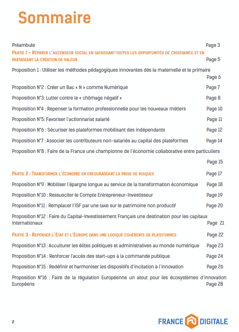 Sommaire du manifeste de France Digitale