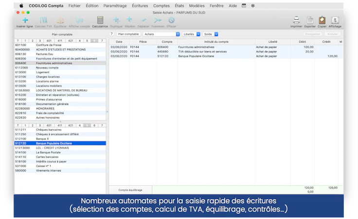 Capture d'écran Cogilog Compta, écran saisie rapide des écritures comptables