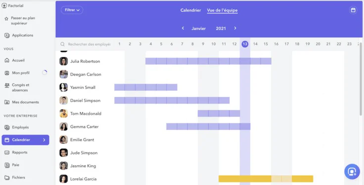 Vue calendrier d’équipe