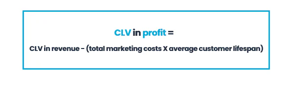 CLV in Profit = CLV in revenue - (total marketing costs * average customer lifespan)
