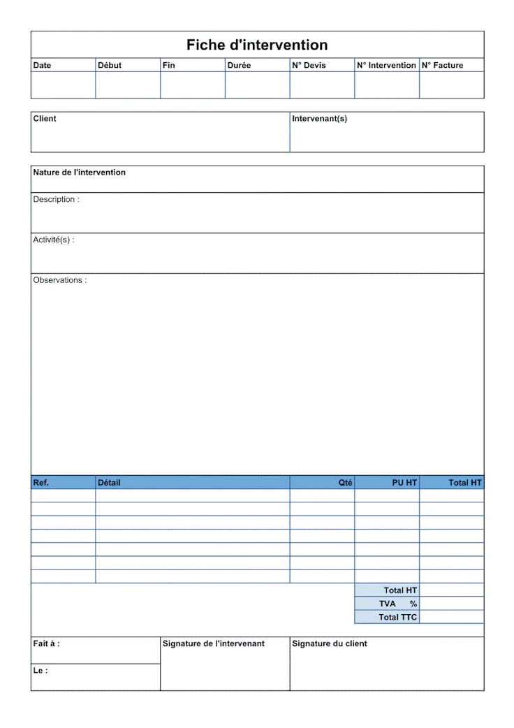 Bon d'intervention exemple rapports d'intervention Excel & PDF + logiciels