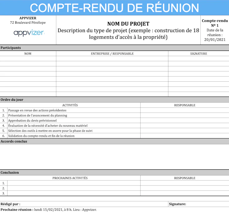 Modèle de compte-rendu de réunion de projet