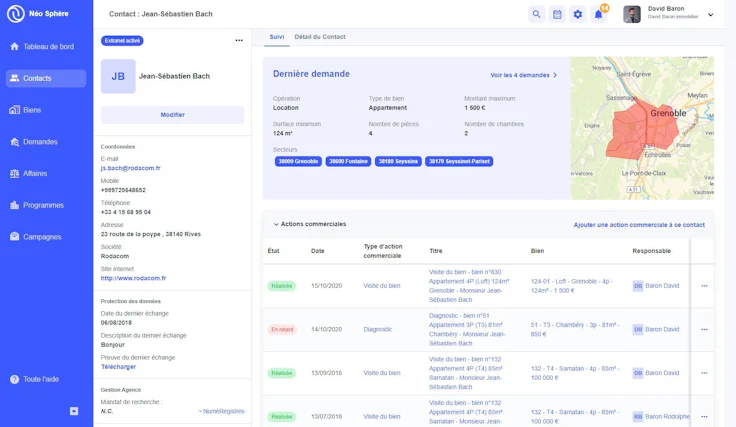 Exemple de fiche contact dans le logiciel CRM immobilier Néo Sphère