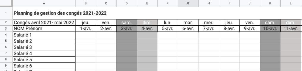 Exemple de planning de congés créé sur Excel