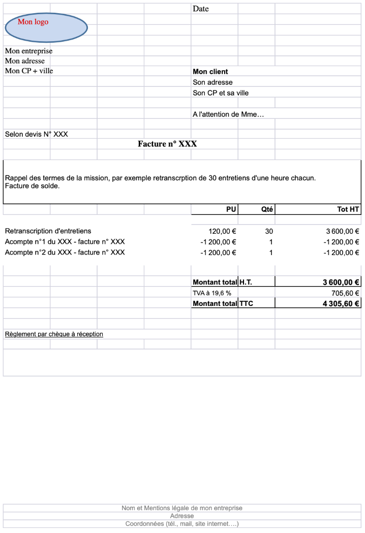 Exemple de facture de solde