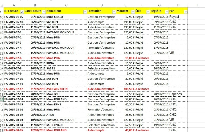 Facture récurrente : suivi de facture Excel