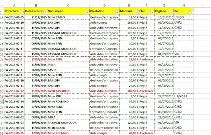 Facture récurrente : suivi de facture Excel