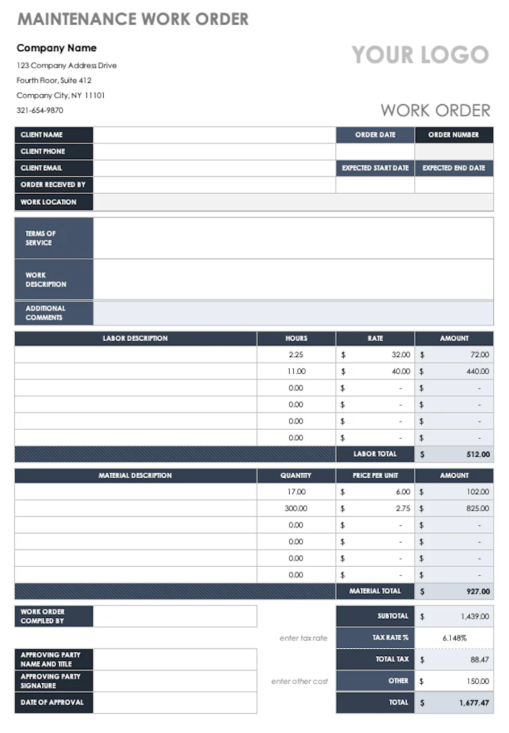 An example of work order in the PDF format