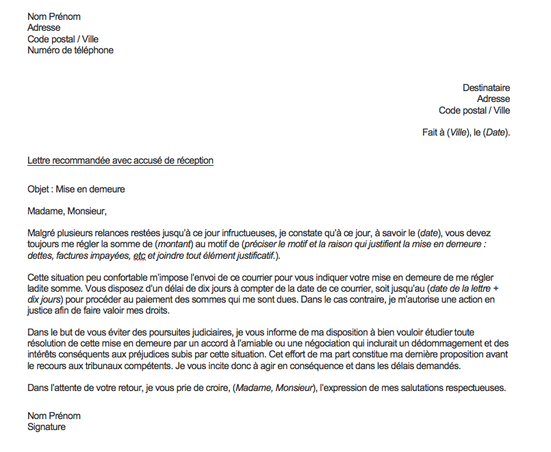 Modèle de lettre de mise en demeure de payer