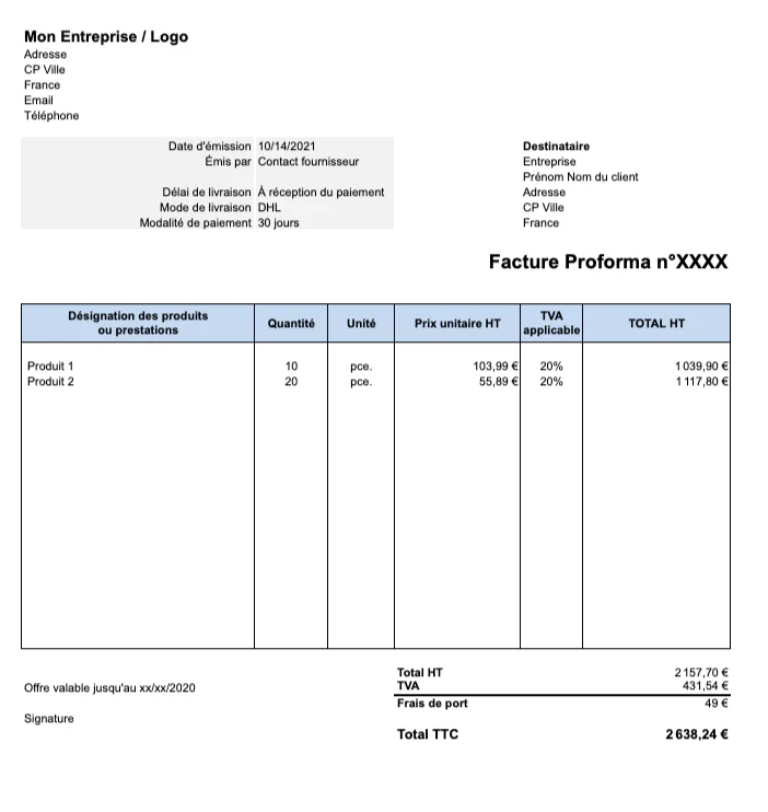 Facture Proforma Modèle à télécharger