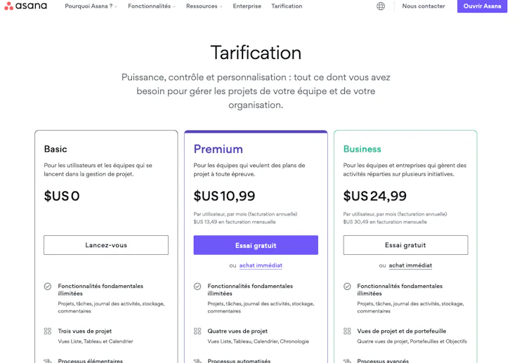 tarifs asana