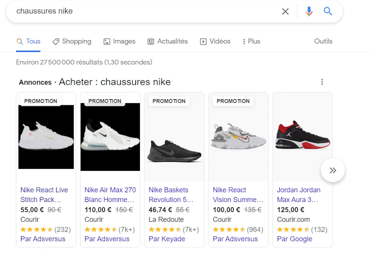 Un exemple concret de mise en avant des produits Google Shopping sur Google.